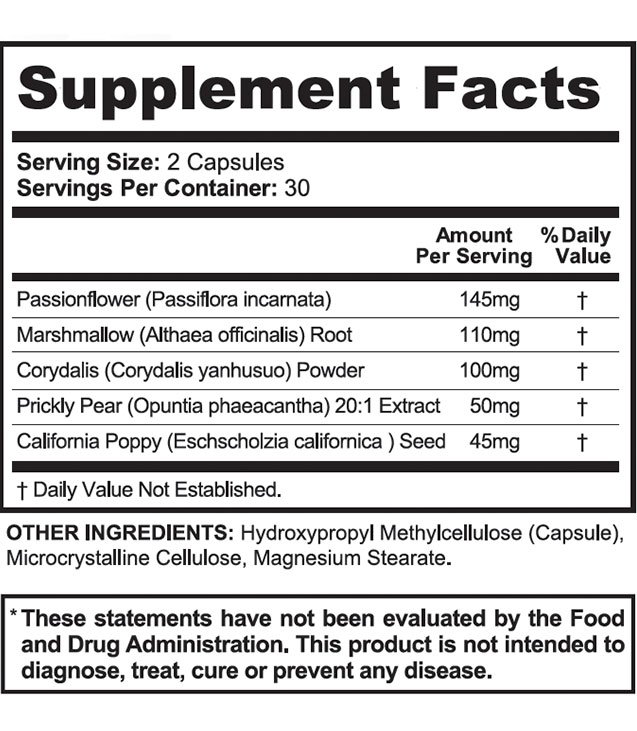 NervEase Supplement Facts showing five botanical ingredients and their amounts