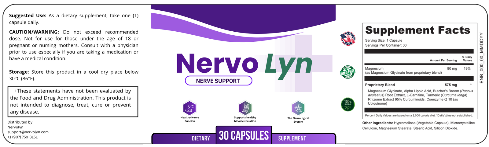 Seller-hosted NervoLyn Supplement Facts and suggested use label