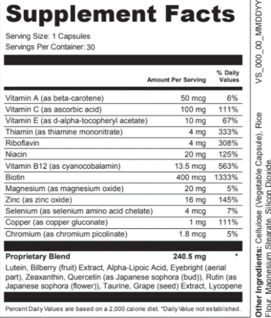 Visium Pro Supplement Facts label with 24 active ingredients